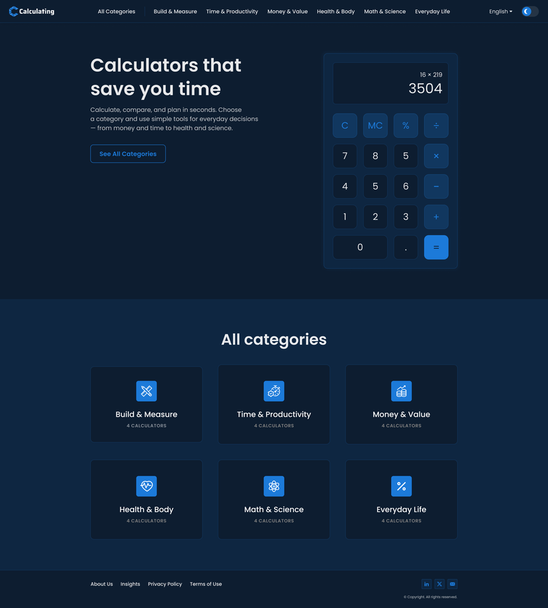 Calculating.com homepage showing six categories of free online calculators